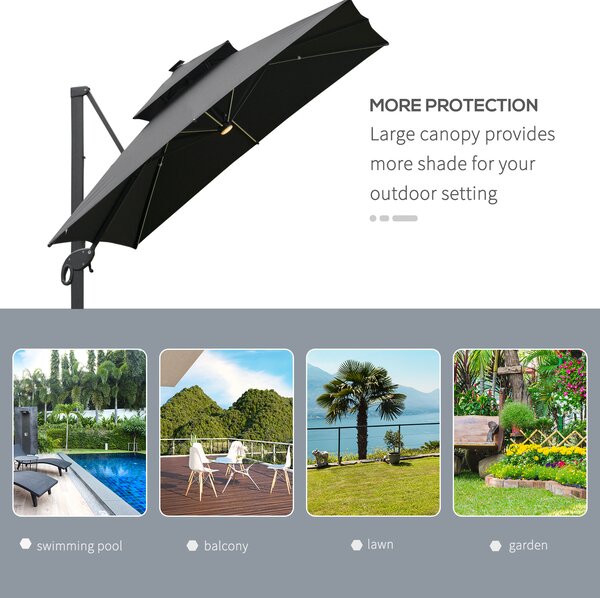 Outsunny 3 x 3(m) Cantilever Roma Parasol Garden Sun Umbrella Outdoor Patio with LED Solar Light Cross Base 360° Rotating for Backyard Dark Gray