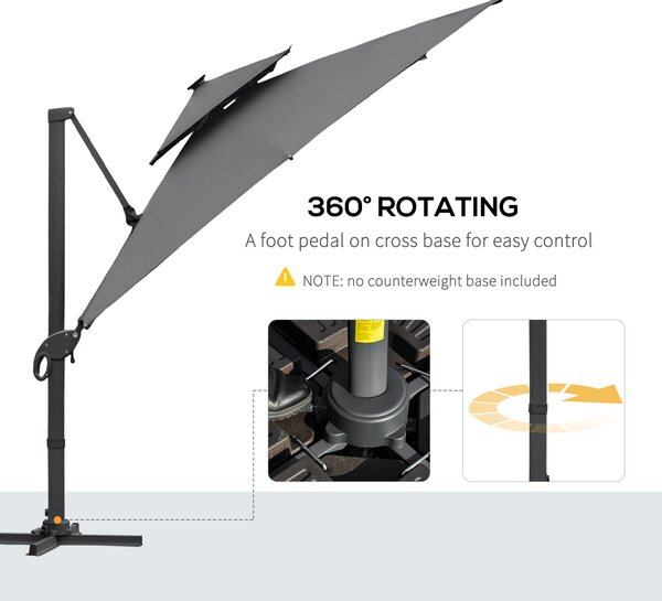 Outsunny 3 x 3(m) Cantilever Roma Parasol Garden Sun Umbrella Outdoor Patio with LED Solar Light Cross Base 360° Rotating for Backyard Dark Gray