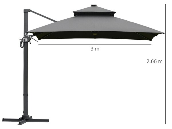 Outsunny 3 x 3(m) Cantilever Roma Parasol Garden Sun Umbrella Outdoor Patio with LED Solar Light Cross Base 360° Rotating for Backyard Dark Gray