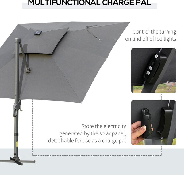Outsunny 3 x 3(m) Cantilever Roma Parasol Garden Sun Umbrella Outdoor Patio with LED Solar Light Cross Base 360° Rotating for Backyard Dark Gray