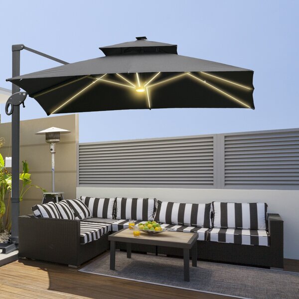 Outsunny 3 x 3(m) Cantilever Roma Parasol Garden Sun Umbrella Outdoor Patio with LED Solar Light Cross Base 360° Rotating for Backyard Dark Gray