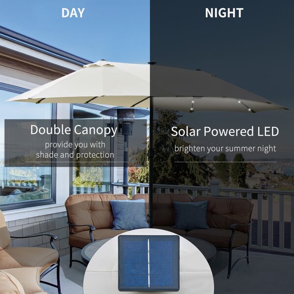 Outsunny Waterproof 4.4m Double-Sided Sun Umbrella Garden Parasol Patio Sun Shade Outdoor with LED Solar Light Cream White Aosom UK
