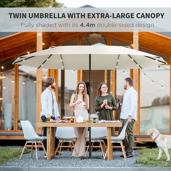 Outsunny Waterproof 4.4m Double-Sided Sun Umbrella Garden Parasol Patio Sun Shade Outdoor with LED Solar Light Cream White Aosom UK