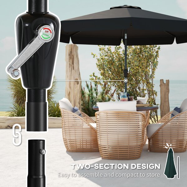 Outsunny 2.7m Patio Parasol: Tilting Crank Umbrella with Ruffled Canopy, 8 Sturdy Ribs, Jet Black Aosom UK