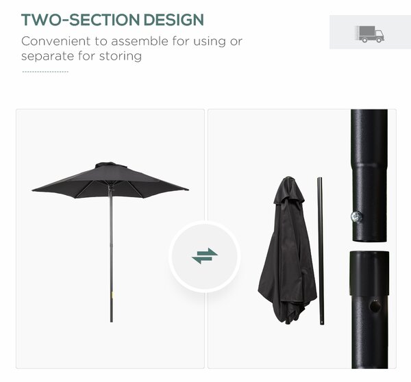 Outsunny Black Patio Parasol: 6-Rib Outdoor Sun Shade for Balcony & Garden, 2M