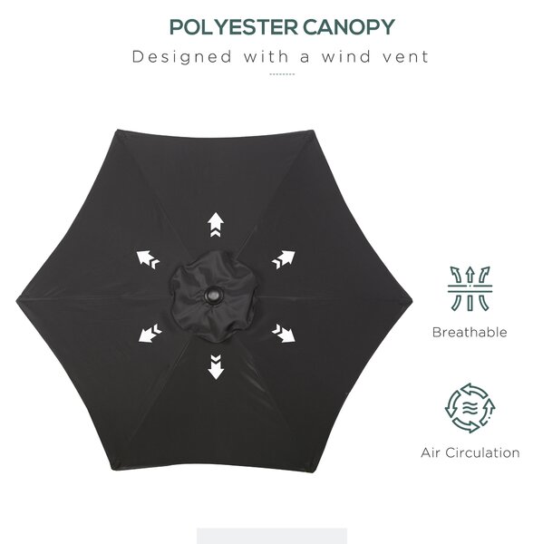 Outsunny Black Patio Parasol: 6-Rib Outdoor Sun Shade for Balcony & Garden, 2M