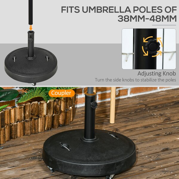 Outsunny Resin Parasol Base: Wheeled Wonder for Outdoor Umbrellas, Retractable Handles, Fits 38-48mm Poles, Jet Black