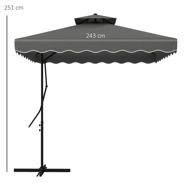 Outsunny 2.5m Square Double Top Garden Parasol Cantilever Umbrella with Ruffles, Dark Grey