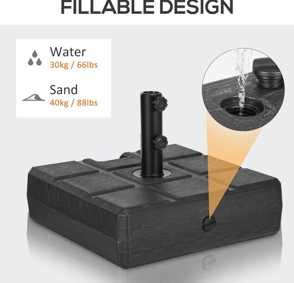 Outsunny 40kg Square Umbrella Parasol Base with Wood Effect, Plastic Umbrella Stand for Outdoor Patio Umbrella, Black