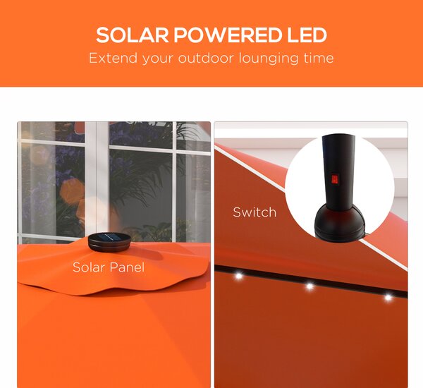 Outsunny Solar Patio Umbrella with LED and Tilt, Outdoor Market Table Umbrella Parasol with Crank, 3 x 3 (m), Orange