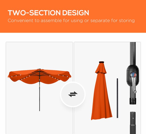 Outsunny Solar Patio Umbrella with LED and Tilt, Outdoor Market Table Umbrella Parasol with Crank, 3 x 3 (m), Orange