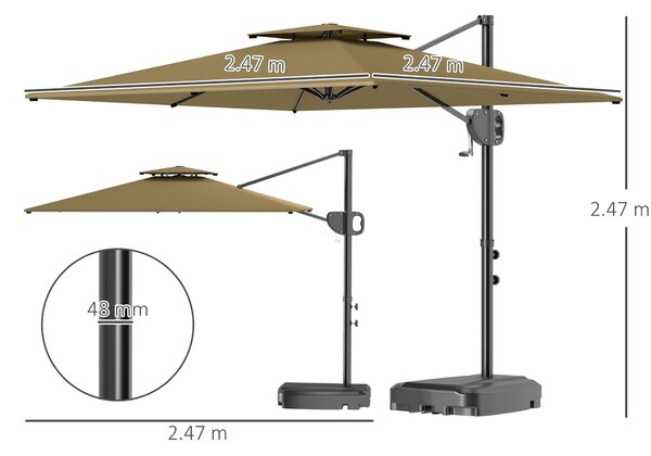 Outsunny Cantilever Parasol with Weighted Base Double Top Garden Parasol Square Hanging Patio Umbrella with Crank Tilt Khaki
