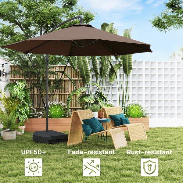 Outsunny 3(m) Garden Cantilever Parasol with Fillable Base, Wind Protection Strap, Cover, Round Banana Hanging Umbrella with Crank Handle and Tilt, Patio Umbrella for Outdoor Sun Shade, UPF50+, Brown
