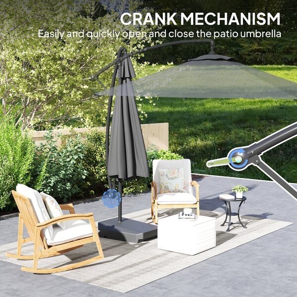Outsunny 3(m) Garden Cantilever Parasol with Fillable Base, Cover, Round Banana Hanging Umbrella with Crank Handle and Tilt, UPF50+, Grey