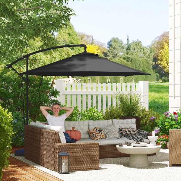 Outsunny 3(m) Garden Cantilever Parasol with Fillable Base, Cover, Round Banana Hanging Umbrella with Crank Handle and Tilt, UPF50+, Grey