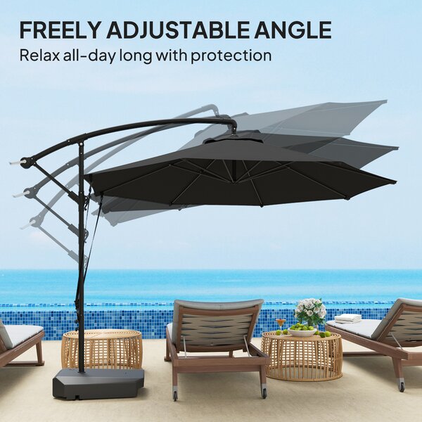 Outsunny 3(m) Garden Cantilever Parasol with Fillable Base, Cover, Round Banana Hanging Umbrella with Crank Handle and Tilt, UPF50+, Grey