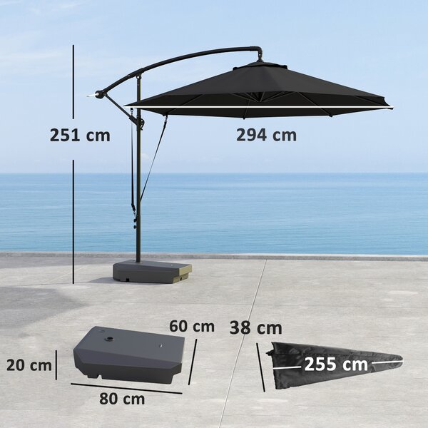 Outsunny 3(m) Garden Cantilever Parasol with Fillable Base, Cover, Round Banana Hanging Umbrella with Crank Handle and Tilt, UPF50+, Grey
