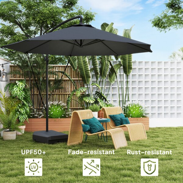 Outsunny 3(m) Garden Cantilever Parasol with Fillable Base, Cover, Round Banana Hanging Umbrella with Crank Handle and Tilt, UPF50+, Grey