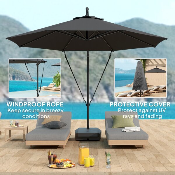 Outsunny 3(m) Garden Cantilever Parasol with Fillable Base, Cover, Round Banana Hanging Umbrella with Crank Handle and Tilt, UPF50+, Grey