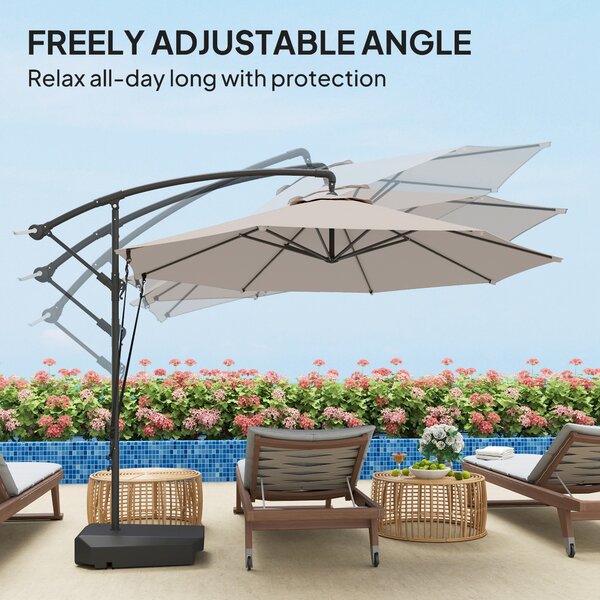 Outsunny 3(m) Garden Cantilever Parasol with Fillable Base, Wind Protection Strap, Cover, Round Banana Hanging Umbrella with Crank Handle and Tilt, Patio Umbrella for Outdoor Sun Shade, UPF50+, Cream