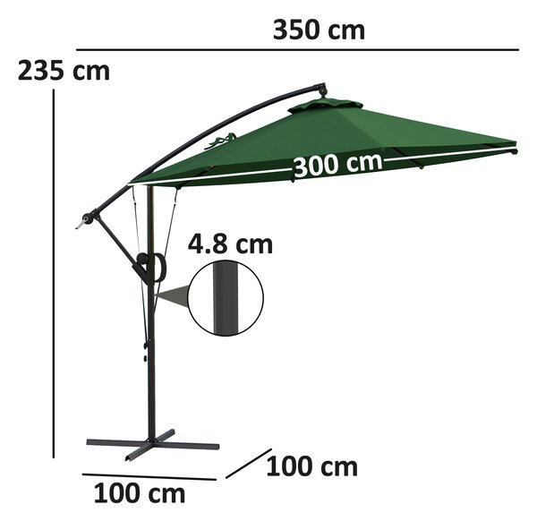 Outsunny 3(m) Garden Cantilever Parasol with Cover and Wind Protection Strap, Round Overhanging Umbrella with Crank Handle and Tilt, Banana Patio Umbrella for Outdoor Sun Shade, UPF50+, Green