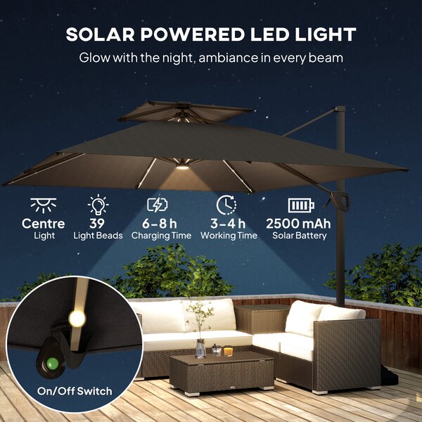 Outsunny 3.5x3 m Garden Cantilever Parasol with Solar LED Lights and Centre Light, Aluminium Large Square Patio Umbrella, UPF50+ Hanging Sun Shade with Cross Base, Crank Handle and Tilt, Black