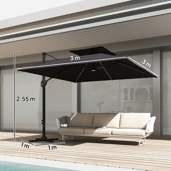 Outsunny 3.5x3 m Garden Cantilever Parasol with Solar LED Lights and Centre Light, Aluminium Large Square Patio Umbrella, UPF50+ Hanging Sun Shade with Cross Base, Crank Handle and Tilt, Black