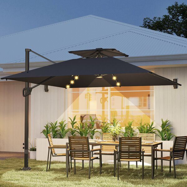 Outsunny 3.5x3 m Garden Cantilever Parasol with Solar LED Lights and Centre Light, Aluminium Large Square Patio Umbrella, UPF50+ Hanging Sun Shade with Cross Base, Crank Handle and Tilt, Black