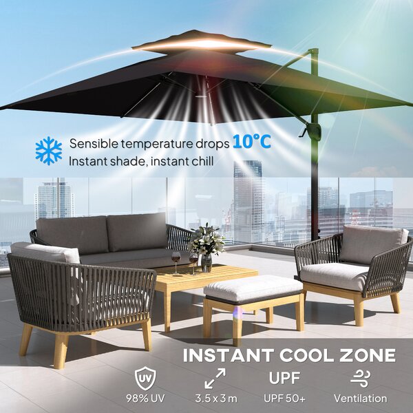 Outsunny 3.5x3 m Garden Cantilever Parasol with Solar LED Lights and Centre Light, Aluminium Large Square Patio Umbrella, UPF50+ Hanging Sun Shade with Cross Base, Crank Handle and Tilt, Black