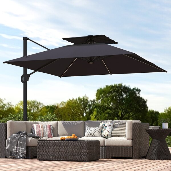 Outsunny 3.5x3 m Garden Cantilever Parasol with Solar LED Lights and Centre Light, Aluminium Large Square Patio Umbrella, UPF50+ Hanging Sun Shade with Cross Base, Crank Handle and Tilt, Black
