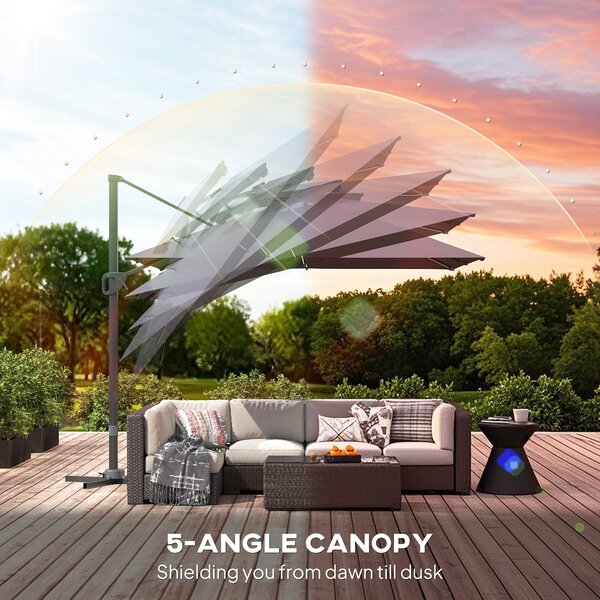 Outsunny 3.5x3 m Garden Cantilever Parasol with Solar LED Lights and Centre Light, Aluminium Large Square Patio Umbrella, UPF50+ Hanging Sun Shade with Cross Base, Crank Handle and Tilt, Grey