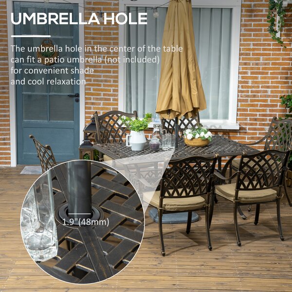 Outsunny 6-Seater Patio Dining Set with Umbrella Hole, Cast Aluminum Patio Furniture Set with Six Cushioned Chairs and Rectangle Dining Table, Bronze