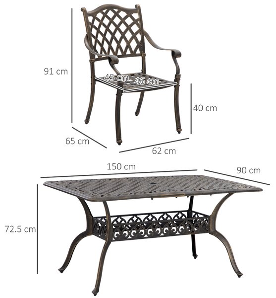 Outsunny 6-Seater Patio Dining Set with Umbrella Hole, Cast Aluminum Patio Furniture Set with Six Cushioned Chairs and Rectangle Dining Table, Bronze