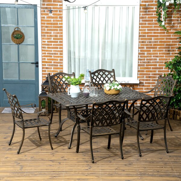 Outsunny 6-Seater Patio Dining Set with Umbrella Hole, Cast Aluminum Patio Furniture Set with Six Cushioned Chairs and Rectangle Dining Table, Bronze