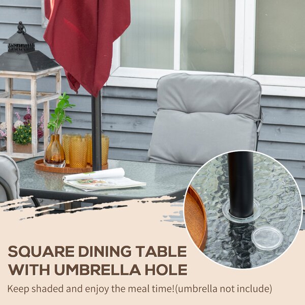Outsunny 5 Pieces Garden Dining Set, Outdoor Square Dining Table and 4 Cushioned Armchairs, Tempered Glass Top Table w/ Umbrella Hole Black Aosom UK