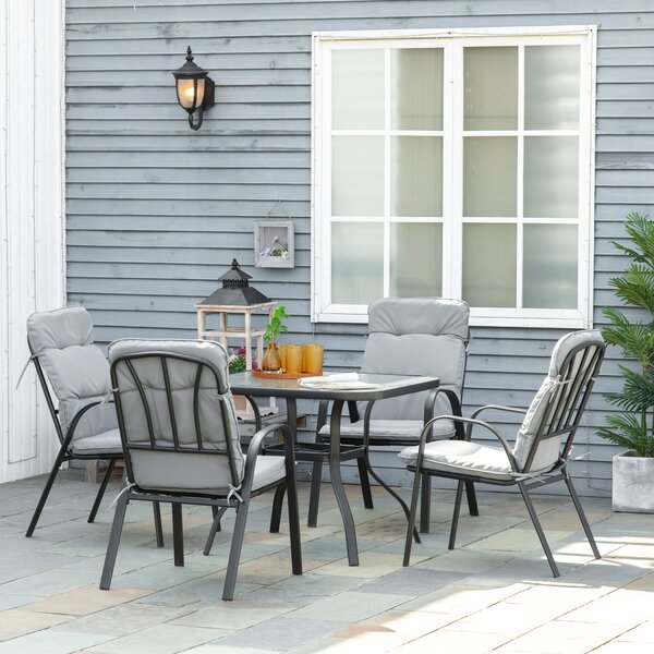 Outsunny 5 Pieces Garden Dining Set, Outdoor Square Dining Table and 4 Cushioned Armchairs, Tempered Glass Top Table w/ Umbrella Hole Black Aosom UK