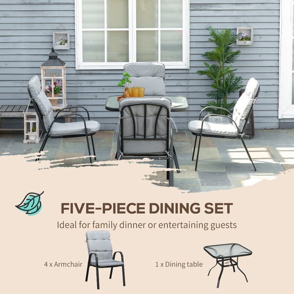 Outsunny 5 Pieces Garden Dining Set, Outdoor Square Dining Table and 4 Cushioned Armchairs, Tempered Glass Top Table w/ Umbrella Hole Black Aosom UK