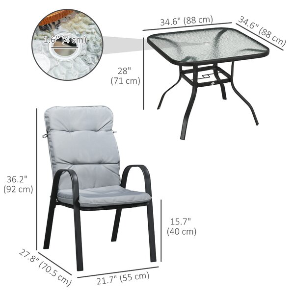 Outsunny 5 Pieces Garden Dining Set, Outdoor Square Dining Table and 4 Cushioned Armchairs, Tempered Glass Top Table w/ Umbrella Hole Black Aosom UK