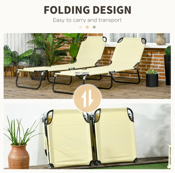 Outsunny Set of Two Metal Frame Folding Sun Loungers - Beige