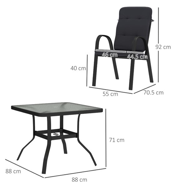Outsunny 5 Pieces Outdoor Square Garden Dining Set w/ Tempered Glass Dining Table 4 Cushioned Armchairs, Umbrella Hole, Black