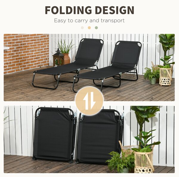 Outsunny Reclining Sun Loungers, Set of 2, Outdoor Day Bed with Steel Frame and Breathable Mesh, Black