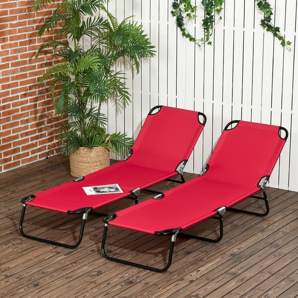 Outsunny Folding Sun Loungers Set of 2, Outdoor Day Bed with 5-Position Adjustable Backrest for Beach, Patio, Wine Red Aosom UK