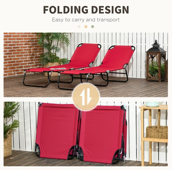 Outsunny Folding Sun Loungers Set of 2, Outdoor Day Bed with 5-Position Adjustable Backrest for Beach, Patio, Wine Red Aosom UK