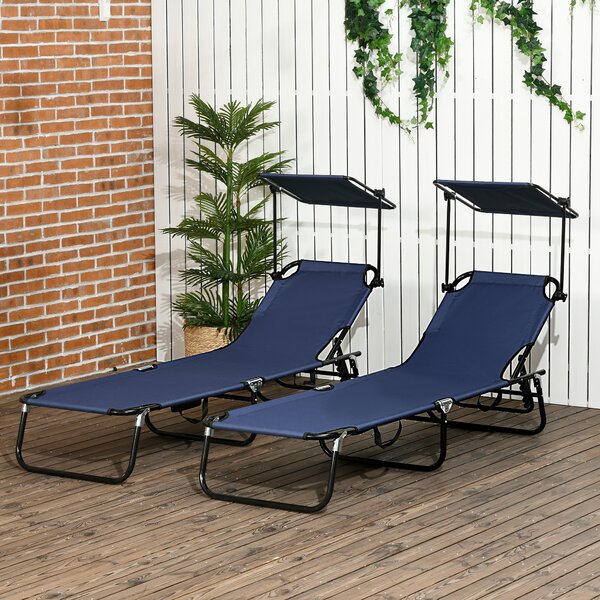 Outsunny 2 Piece Folding Sun Loungers with Canopy, Adjustable Recliner Garden Chairs with Side Pocket for Outdoor, Pool, Beach, Garden, Dark Blue