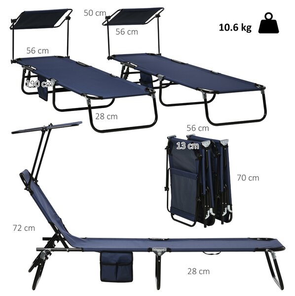 Outsunny 2 Piece Folding Sun Loungers with Canopy, Adjustable Recliner Garden Chairs with Side Pocket for Outdoor, Pool, Beach, Garden, Dark Blue