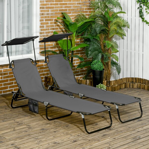 Outsunny 2 Piece Folding Sun Loungers with Canopy, Adjustable Recliner Garden Chairs with Breathable Mesh for Outdoor, Pool, Garden, Dark Grey