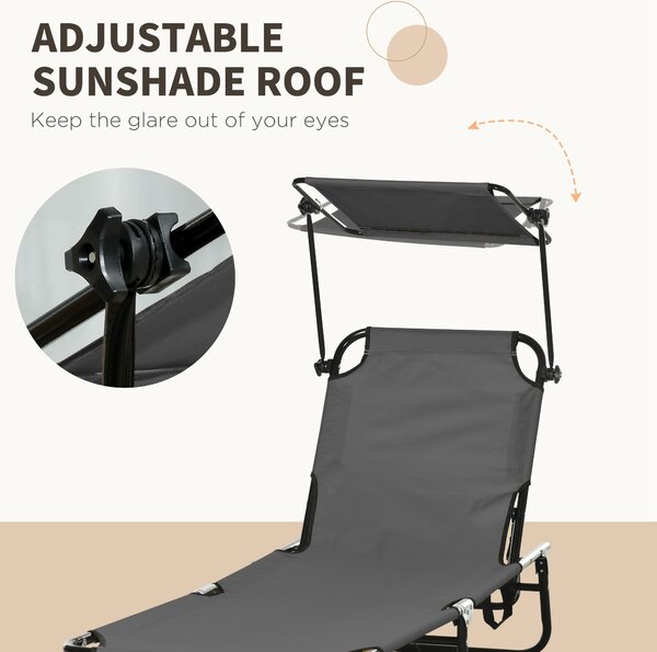 Outsunny 2 Piece Folding Sun Loungers with Canopy, Adjustable Recliner Garden Chairs with Breathable Mesh for Outdoor, Pool, Garden, Dark Grey
