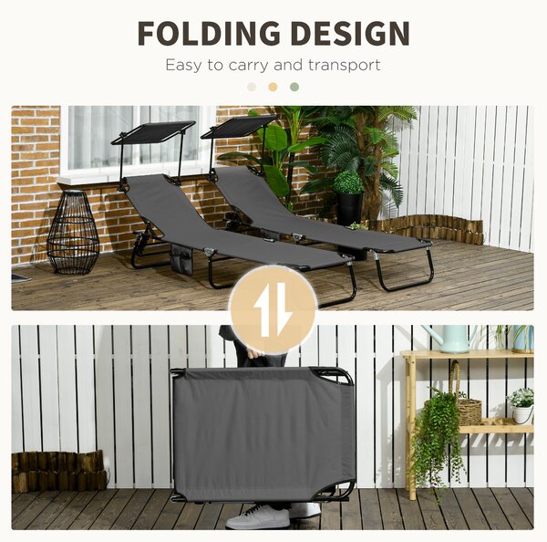 Outsunny 2 Piece Folding Sun Loungers with Canopy, Adjustable Recliner Garden Chairs with Breathable Mesh for Outdoor, Pool, Garden, Dark Grey