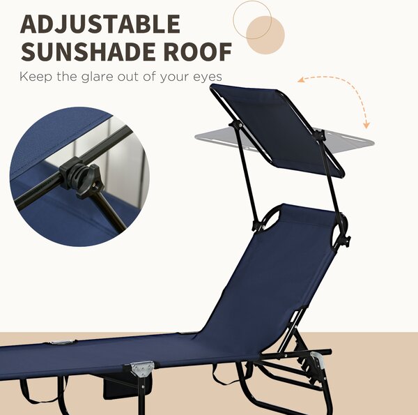 Outsunny 2 Piece Folding Sun Loungers with Canopy, Adjustable Recliner Garden Chairs with Side Pocket for Outdoor, Pool, Beach, Garden, Dark Blue