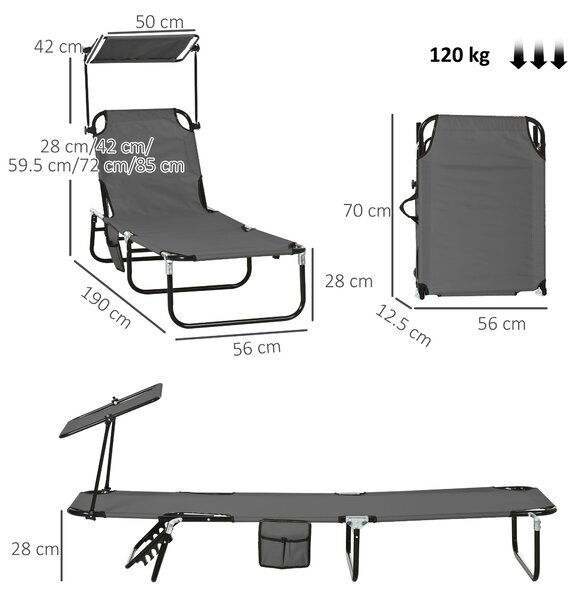 Outsunny 2 Piece Folding Sun Loungers with Canopy, Adjustable Recliner Garden Chairs with Breathable Mesh for Outdoor, Pool, Garden, Dark Grey